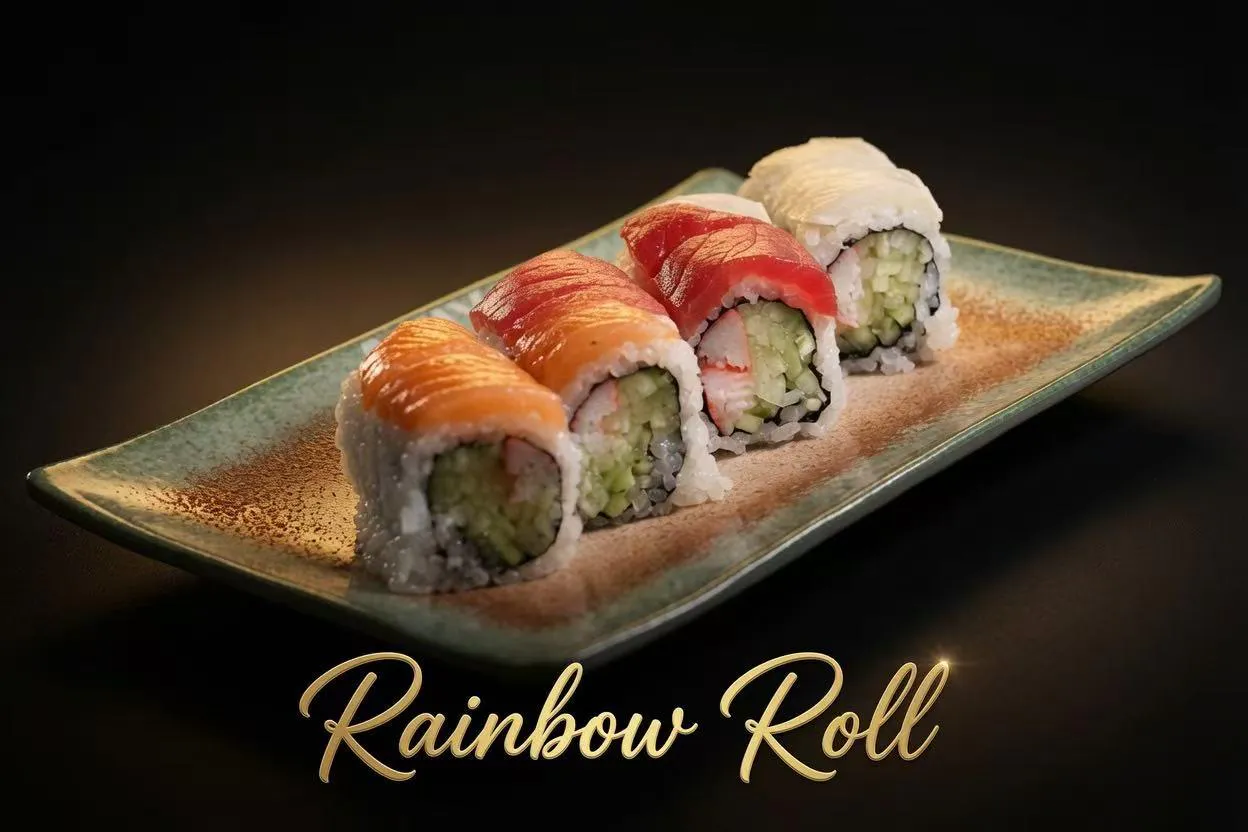 Four slices of rainbow sushi roll layered with salmon, tuna, white fish on glazed ceramic plate with gold text label at Akiyo, a Japanese Restaurant in Johnson City